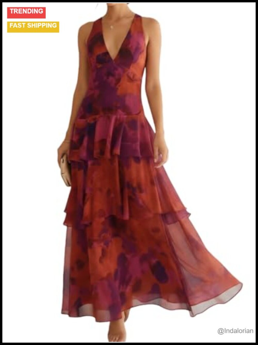 LUJENGEFA Floral Deep V Neck Sleeveless Maxi Dress Open Back Tiered Flowy
